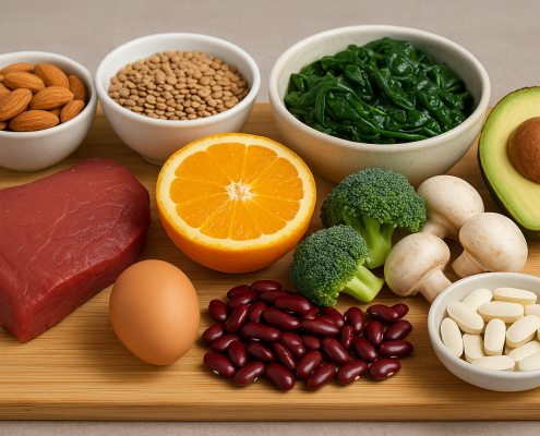 Assorted nutrient-dense foods including beef, avocado, broccoli, spinach, mushrooms, lentils, orange, kidney beans, almonds, and supplements on a wooden board