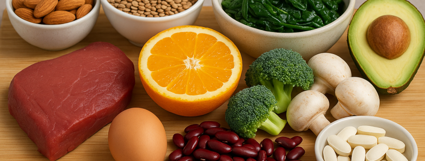 Assorted nutrient-dense foods including beef, avocado, broccoli, spinach, mushrooms, lentils, orange, kidney beans, almonds, and supplements on a wooden board