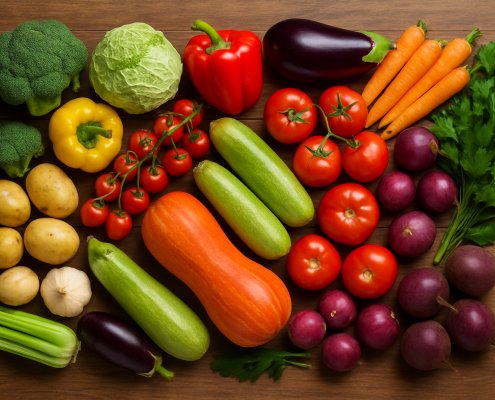 Diverse colorful vegetables on a wooden table