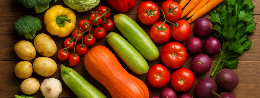 Diverse colorful vegetables on a wooden table