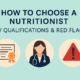 Cover image showing the title ‘How to Choose a Nutritionist – Key Qualifications & Red Flags’ with three icons: a certificate with a ribbon, a female nutritionist with a stethoscope, and a red warning triangle.