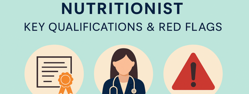 Cover image showing the title ‘How to Choose a Nutritionist – Key Qualifications & Red Flags’ with three icons: a certificate with a ribbon, a female nutritionist with a stethoscope, and a red warning triangle.