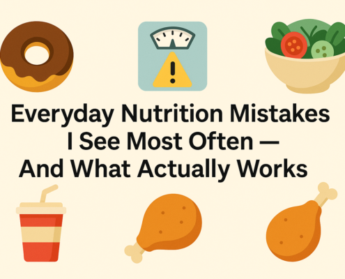 A minimalist beige cover graphic featuring icons of common nutrition mistakes—such as a donut, sugary drink, and warning scale—alongside healthier symbols like salad and protein. The central title reads “Everyday Nutrition Mistakes I See Most Often — And What Actually Works.”