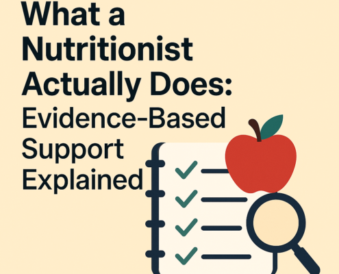 Cover image for article titled ‘What a Nutritionist Actually Does: Evidence-Based Support Explained,’ featuring a notebook with checkmarks, a magnifying glass, and an apple symbolising nutrition and assessment
