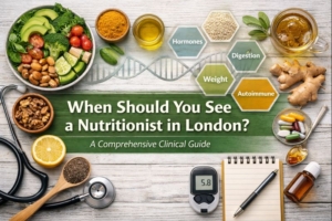 Nutrition-focused flat lay with whole foods, supplements and clinical tools representing personalised nutrition support in London.