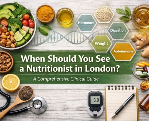 Healthy nutrition and wellness essentials Nutrition-focused flat lay with whole foods, supplements and clinical tools representing personalised nutrition support in London.