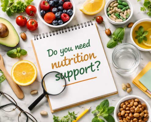 Flat lay of healthy foods surrounding a notebook asking “Do you need nutrition support?” including fruit, avocado, herbal tea and supplements
