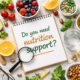 Flat lay of healthy foods surrounding a notebook asking “Do you need nutrition support?” including fruit, avocado, herbal tea and supplements