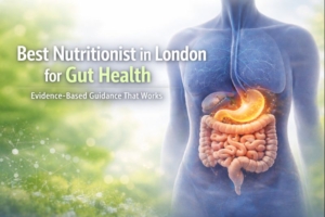 Illustration of the human digestive system highlighting the stomach and intestines on a light background, representing gut health and digestive support.