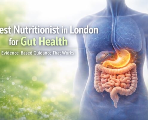 Illustration of the human digestive system highlighting the stomach and intestines on a light background, representing gut health and digestive support.