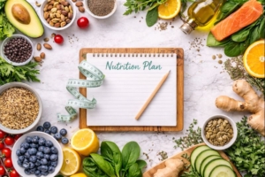 Healthy whole foods arranged on marble background symbolising personalised nutrition and post-consultation planning.