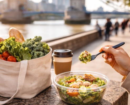 Healthy takeaway salad with fresh vegetables and coffee by the River Thames in London, with Tower Bridge in the background, showing city lifestyle eating.