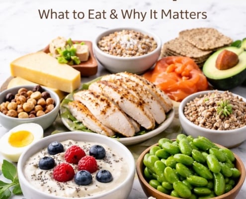 High-protein snacks for menopause including Greek yoghurt with berries, grilled chicken, eggs, edamame, salmon, cheese and nuts arranged on a light background.