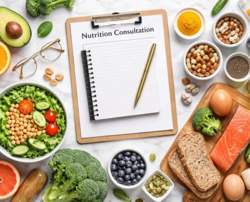 Elegant flat lay of nutritious foods and a nutrition consultation notebook on a marble surface, symbolising personalised nutrition support.