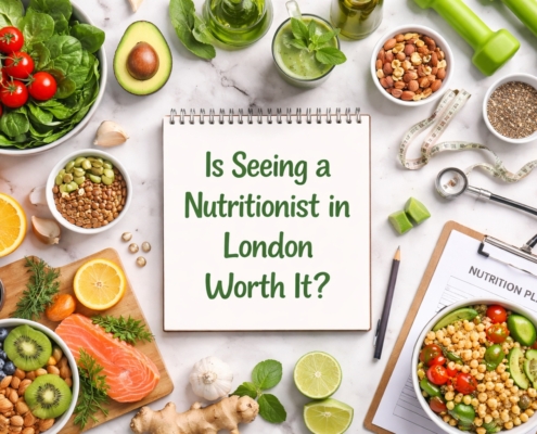 Flat lay of healthy foods, nutrition notebook, and wellness tools illustrating personalised nutrition and lifestyle support in London.