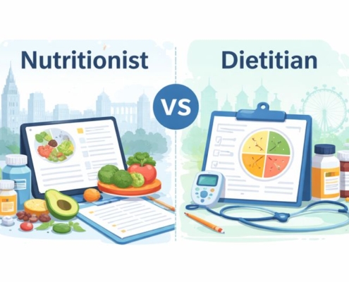 Illustration comparing a nutritionist and a dietitian in the UK, showing food planning and lifestyle nutrition on one side and clinical nutrition tools on the other, with a London skyline in the background.
