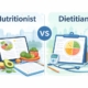 Illustration comparing a nutritionist and a dietitian in the UK, showing food planning and lifestyle nutrition on one side and clinical nutrition tools on the other, with a London skyline in the background.