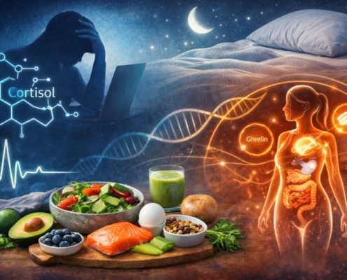 Illustration showing the connection between stress, sleep, hormones and nutrition, with abstract symbols for cortisol, sleep, digestion and balanced food choices.