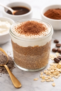 Tiramisu-style protein chia pudding in jar with cocoa powder and spoon