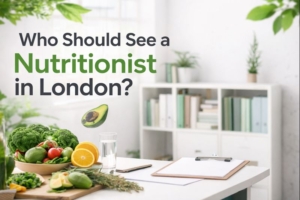 Minimalist nutritionist office setting in London with fresh vegetables, clipboard, and greenery, representing personalised nutrition consultations.