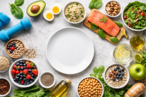 Flat lay of healthy whole foods surrounding an empty white plate, including salmon, avocado, berries, quinoa, chickpeas, oats, leafy greens, olive oil, eggs, nuts and a blue dumbbell on a light background.