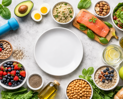 Flat lay of healthy whole foods surrounding an empty white plate, including salmon, avocado, berries, quinoa, chickpeas, oats, leafy greens, olive oil, eggs, nuts and a blue dumbbell on a light background.