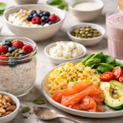 Healthy high-protein breakfast spread High protein breakfast with chia pudding, scrambled eggs, smoked salmon, avocado, berries, cottage cheese and protein smoothie