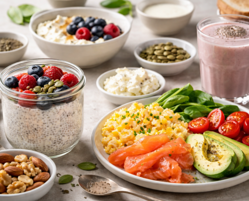 High protein breakfast with chia pudding, scrambled eggs, smoked salmon, avocado, berries, cottage cheese and protein smoothie