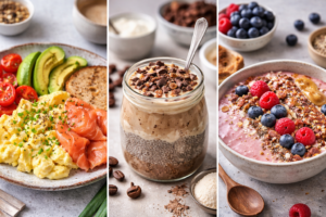 High protein breakfast ideas including scrambled eggs with smoked salmon and avocado, coffee chia pudding with yoghurt, and berry protein smoothie bowl