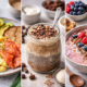 High protein breakfast ideas including scrambled eggs with smoked salmon and avocado, coffee chia pudding with yoghurt, and berry protein smoothie bowl