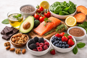 High-resolution image of fresh, nutrient-dense foods for skin health, including salmon, avocado, mixed berries, nuts, seeds, spinach, green tea, dark chocolate, and sweet potatoes arranged on a light surface.