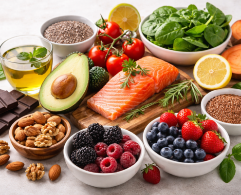 Top 10 Foods That Will Make Your Skin Glow Naturally High-resolution image of fresh, nutrient-dense foods for skin health, including salmon, avocado, mixed berries, nuts, seeds, spinach, green tea, dark chocolate, and sweet potatoes arranged on a light surface.